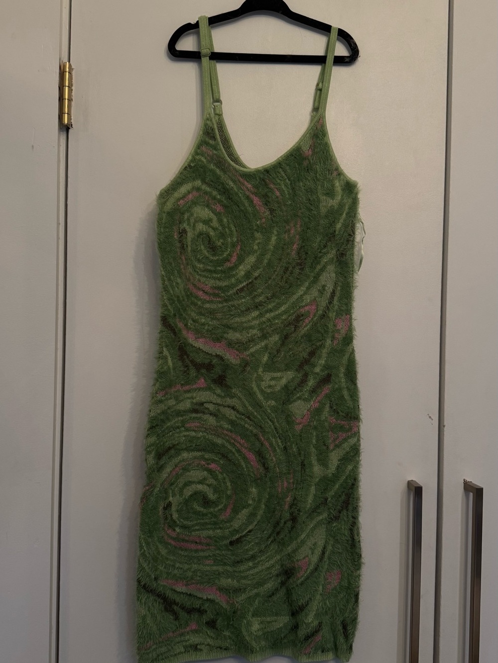 House of Sunny Green Swirl Fuzzy Slip Midi Dress with Pink Details